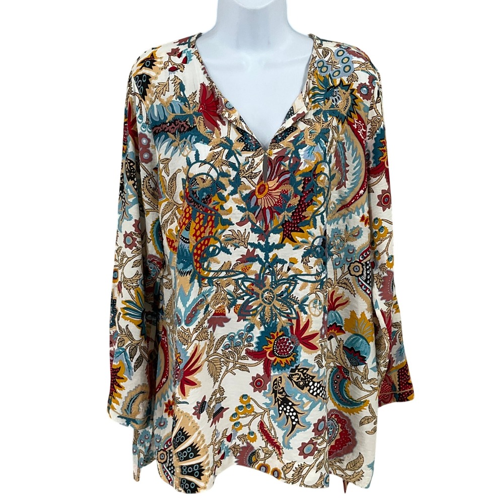 John Mark Tunic Top Womens L Boho Embroidered Floral Paisley Colorful Artsy Max